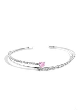 Silver Pink Heart Crystal Cuff Bracelet